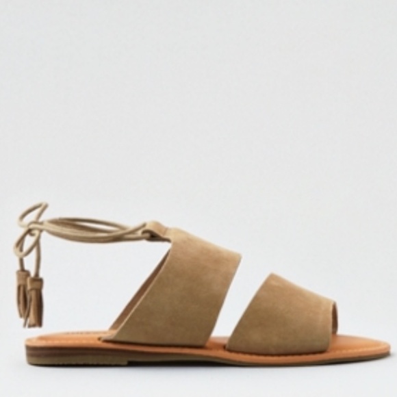 American Eagle Tan Flat Suede Ankle Tie Sandals - Picture 1 of 2